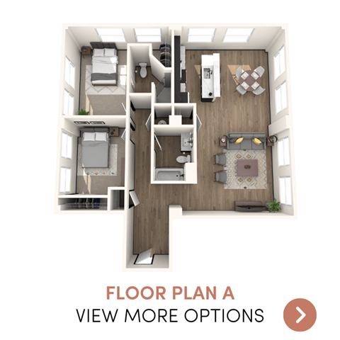 A floor plan of a house with a living room, kitchen, and two bedrooms.